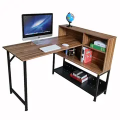 AGUILA - Escritorio Pavana Compacto en L con Estantería Lateral Integrada de Melamina y Metal - Café Nogal
