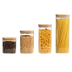 WAKESHOME - Set 4 Contenedores De Vidrio Con Tapa De Bambu Herméticos
