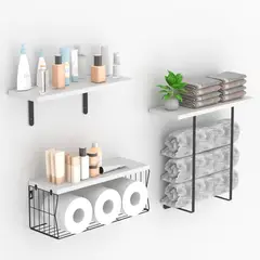 HALMAN - Set 3 Repisas Flotantes Baño Madera Rústica con Toallero