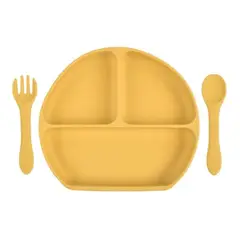 GENERICO - Plato de silicona con ventosa cuchara y tenedor amarillo