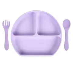 GENERICO - Plato de silicona con cuchara y tenedor morado