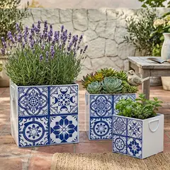 BRIC - Set De 3 Maceteros De Metal Con Diseño Azulejo Azul