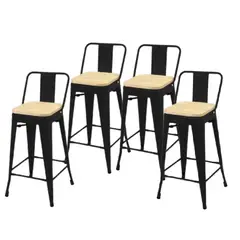 GENERICO - Pack 4 Taburetes Tolix con Asiento de Madera Negro 66cm