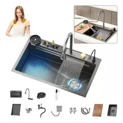 KUANGYE - Lavaplatos Multifuncional Cascada Acero Inoxidable 75x45 Cm