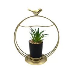 GENERICO - Figura Decorativa Candelabro Pajarito Dorado Con Mini Planta