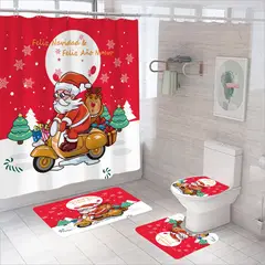 GENERICO - SET DE BAÑO DE 4 PIEZAS IMPERNEABLE CON DISEÑO NAVIDEÑOS SANTA MOTO TF