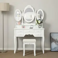 ROHE - Tocador con 3 Espejos Plegables y Cómoda 7 Cajones Blanco
