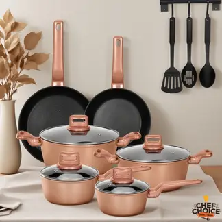 CHEFCHOICE - Bateria De Cocina Ceramica Antiadherente Aluminio 13 Piezas Oro Rosa