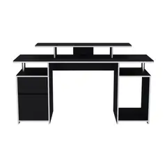 FMFURNITURE - Escritorio Gamer - Negro Canto Blanco 88.5x157.1x50 cm