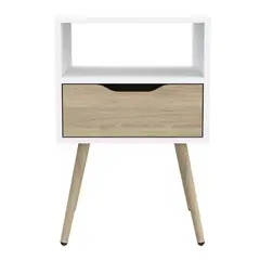 FMFURNITURE - Velador 1 Cajón - Blanco y Café Claro 63x40x35 cm