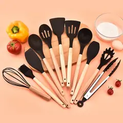 GENERICO - Set de utensilios de cocina 12 pcs silicona negro