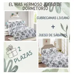 COMPRAPO - Juego Dormitorio Cubrecama Quilt Liviano + Sábanas 2 Pzas Flower Gray