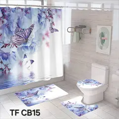 ANGELES DEL HOGAR - Set De Alfombras y Cortina de Baño 4 Piezas Mariposa Lila