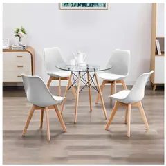 GENERICO - Comedor Vidrio Circular 80cm con 4 Sillas Blancas Acolchadas