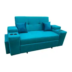 DKORA - SOFA CAMA TREBOL TURQUESA LINO 3 CUERPOS
