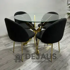 GENERICO - Mesa Dubai Dorada (100cm) con 4 Sillas Tokio Lino Dorada - Negro