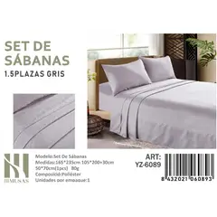ANGELES DEL HOGAR - Set De Sabanas Plaza y Media Gris 150 Hilos + 1 Funda De Almohada