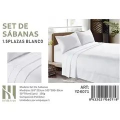 ANGELES DEL HOGAR - Set De Sabanas Plaza y Media Blanco 200 hilos + Funda De Almohada