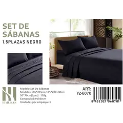 ANGELES DEL HOGAR - Set De Sabanas Plaza y Media Negro 200 hilos + 1 Funda De Almohada