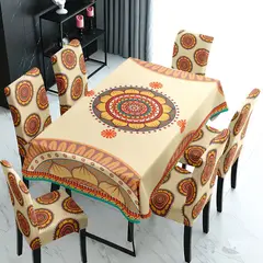 GENERICO - MANTEL GRUESO ANTIMANCHA MAS 6 FUNDAS SILLAS CON DISEÑO MANDADA BEIGE