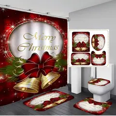 GENERICO - SET DE BAÑO NAVIDEÑO IMPERNEABLE 4 PIEZAS CON DISEÑO DE CAMPANA WYN