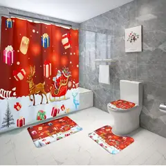 GENERICO - SET DE BAÑO NAVIDEÑO IMPERNEABLE 4 PIEZAS CON DISEÑO TRINEO WYN