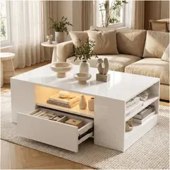 HOMER DESIGN - Mesa De Centro Con Luz 2 Cajones Living 95x55x37cm Brillante