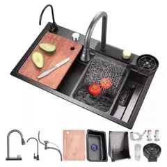 IDEEHOUSE - Lavaplatos Doble Inoxidable Negro 80x45 + Llave + Accesorios