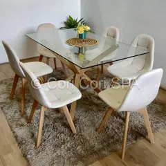CORI CORI - Comedor Madrid Vidrio 140x80cm + 6 Sillas Capitonne Velvet Beige