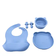 BABYMINE - Set De Alimentación Silicona Platos Bebe 5 Piezas Celeste