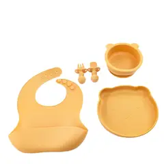 BABYMINE - Set De Alimentación Silicona Platos Bebe 5 Piezas Amarillo