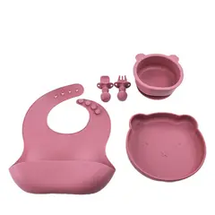 BABYMINE - Set De Alimentación Silicona Platos Bebe 5 Piezas Rojo