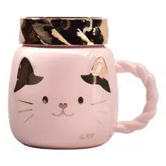 GENERICO - Taza Mug Gatito Tapa Dorada Tazón Lindo Regalo Catlover Café Rosa