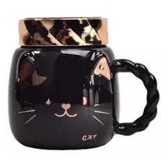 GENERICO - Taza Mug Gatito Tapa Dorada Tazón Lindo Regalo Catlover Café Negro