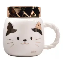 GENERICO - Taza Mug Gatito Tapa Dorada Tazón Lindo Regalo Catlover Café Blanco