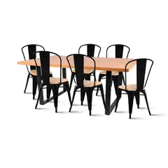 KLIK - Mesa Industrial 140x90 Cl + 6 silla Tolix Negra con asiento madera Cla.