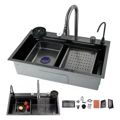 KUANGYE - Lavaplatos Doble Inoxidable Negro 75x45 + Llave + Accesorios