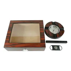 GENERICO - CAJA HUMIDOR DE PUROS MADERA CAOBA + HIGROMETRO, CENICERO Y CORTADOR