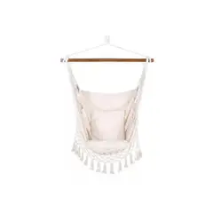 GENERICO - Silla hamaca colgante con soporte de madera y cojines blancos