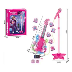 GENERICO - Set Guitarra Microfono Pedestal Juguete Mp3 Luces Rosada