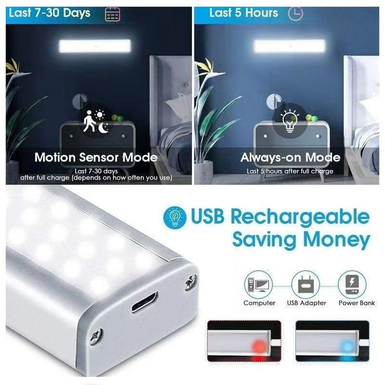 Barra Luz Led inteligente con sensor de movimiento Recargable 4 modos.