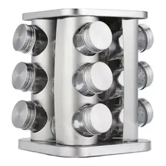 GENERICO - Condimentero Especiero Metalico Rack Giratorio + 12 Frascos Plateado