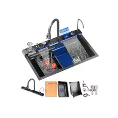 IDEEHOUSE - Lavaplatos Doble Inoxidable Negro 68x45 + Llave + Accesorios