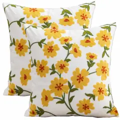 DECORACION CREATIVA - 2 Cojines Bordado Cosmos Amarillo (Incluye Relleno)