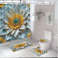 GENERICO - SET DE BAÑO IMPERMEABLE 4 PIEZAS CON DISEÑO GIRASOL BLANCO TF