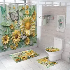 GENERICO - SET DE BAÑO IMPERMEABLE 4 PIEZAS CON DISEÑO FLORES AMARILLAS TF