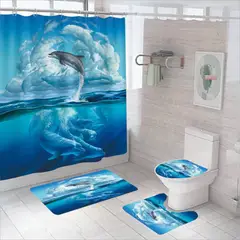 GENERICO - SET DE BAÑO IMPERMEABLE 4 PIEZAS CON DISEÑO DELFINES TF