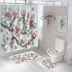 GENERICO - SET DE BAÑO IMPERMEABLE 4 PIEZAS CON DISEÑO FLORES MARIPOSAS TF