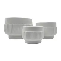 GENERICO - Set 3 Maceteros Maceta De Ceramica Lineas Relieve Blanco