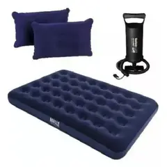 GENERICO - Colchón inflable doble de 2 plazas + inflador y almohadas color azul.